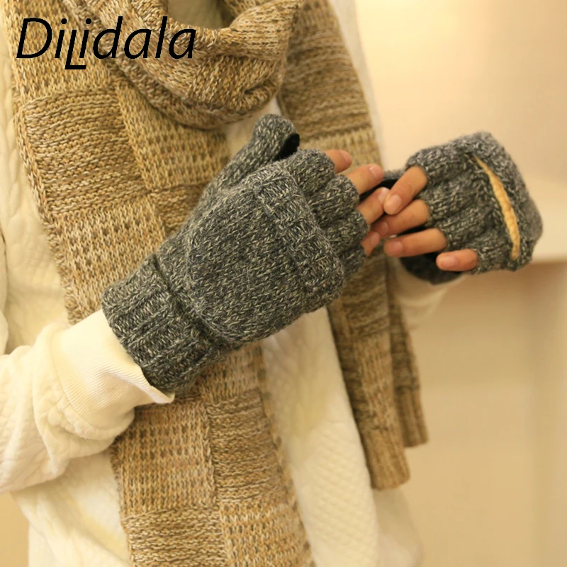 

Dilidala Men's Flap Knit Gloves Winter Cycling Half Finger Gloves Plus Velvet Double Clamshell Dual-Use Warm Wool Gloves