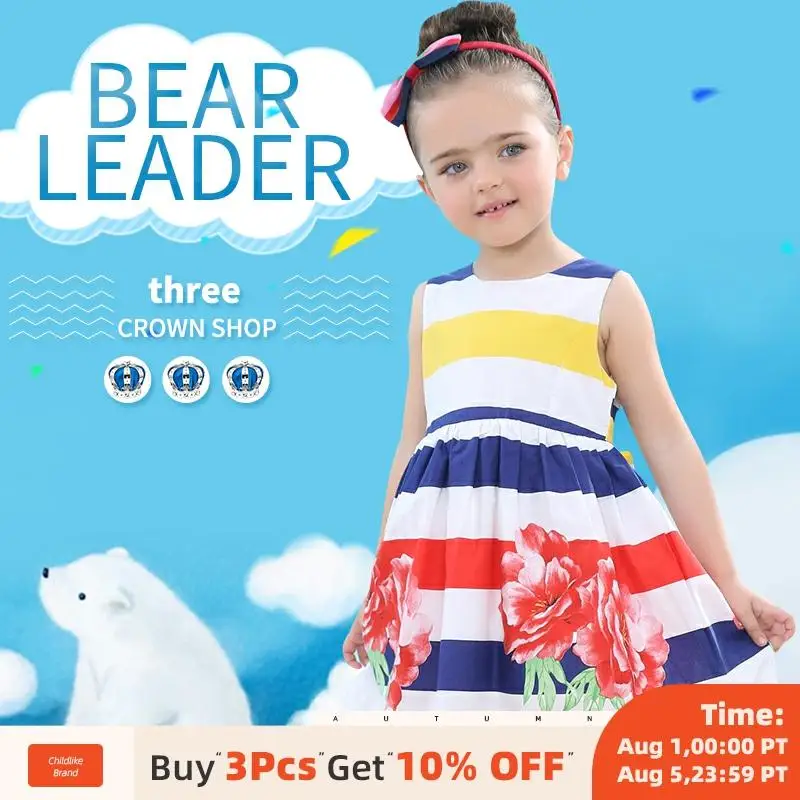 Bear Leader/платье для девочек Брендовая одежда Одежда детей Яркие полосатые платья