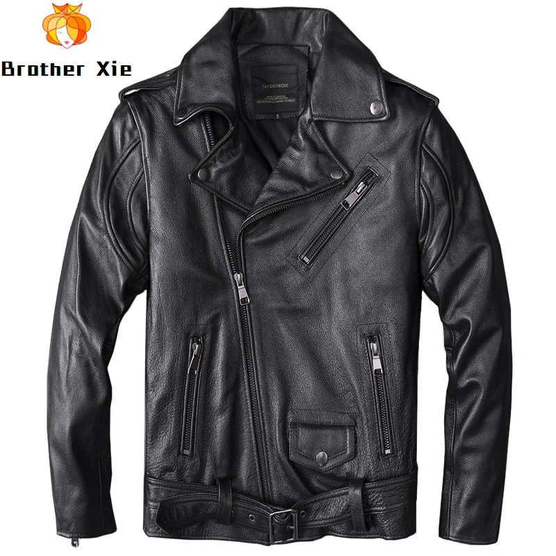 

Men's Real Leather Jackets Layer Cowhide Zippers Genuine Leather Jacket Motorycycle Leather Coat for Male