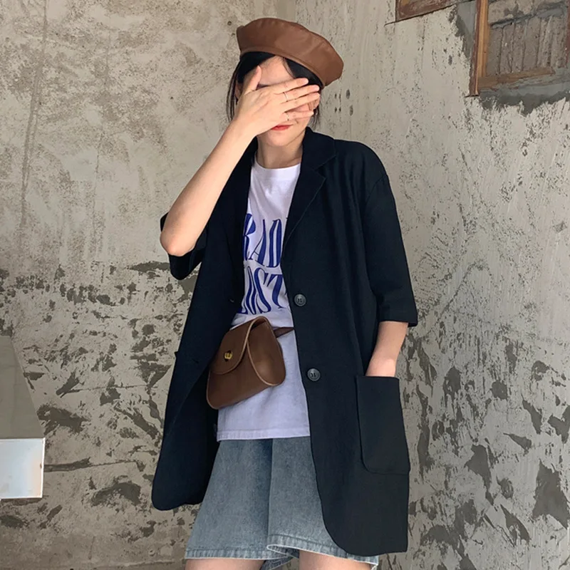 

Number One People WOMEN'S Dress 2019 New Style Solid Color Retro Double Pocket Shoulder Pad Short Sleeve Suit