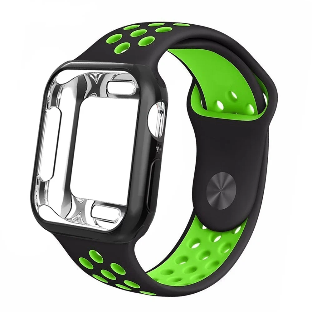 Чехол+ ремешок для apple Watch 5 ремешок 42 мм 38 мм 40 мм 44 мм спортивный силиконовый браслет для apple iwatch series 5 4 3 2 1 Аксессуары - Цвет ремешка: Black with green