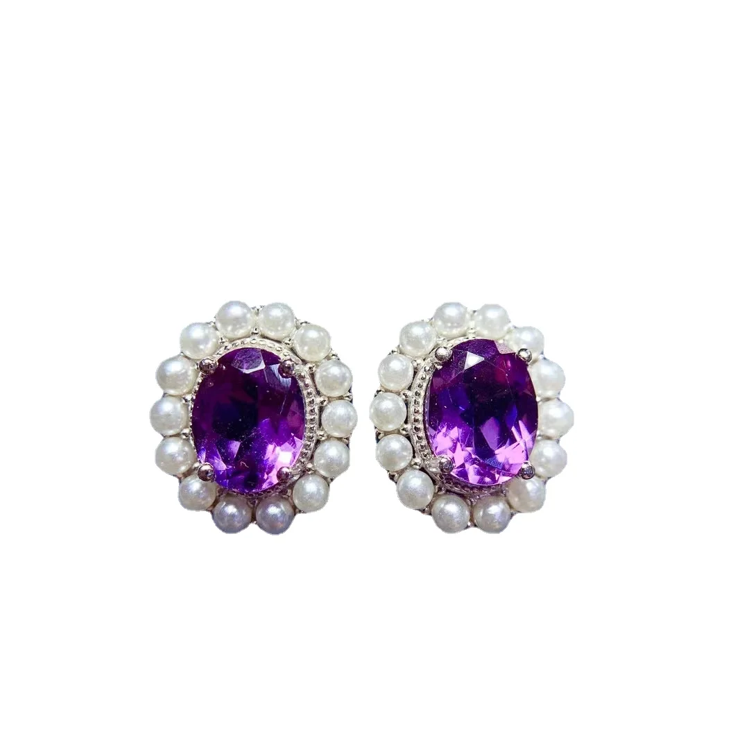 

Luxury Silver Amethyst Stud Earrings for Party 7mm*9mm VVS Grade Amethyst Earrings 925 Silver Amethyst Jewelry