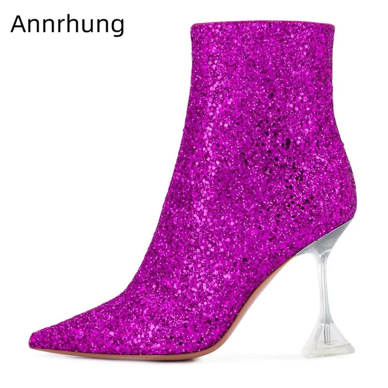 

Fashion Crystal Woman Boots Goblet High Heels Point Toe Walking Bottes Slip On Decor Rhinestone Botines 2020 Winter Ankle Boots