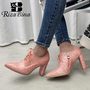 

RIZABINA Zipper Women Pumps Pointed Toe Leather Patern Shoes Women Sexy Solid Color Thick Heel Office Lady Footwear Size 32-42