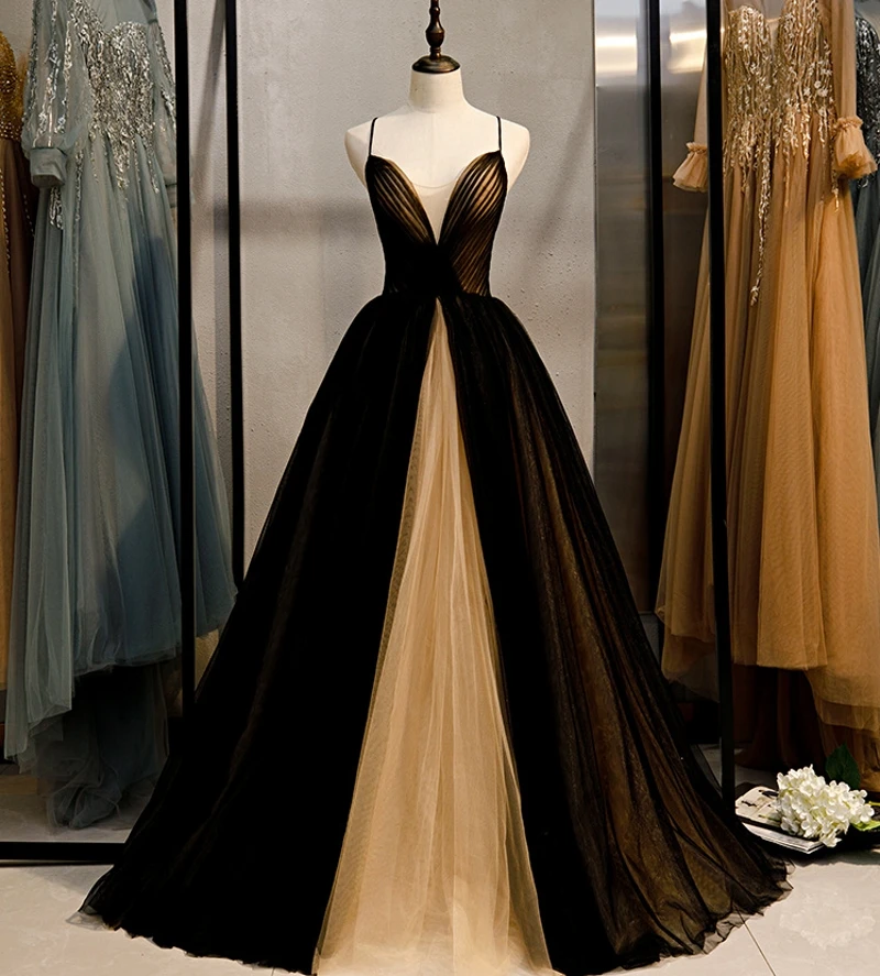 

Charming New Pleats Black and Champagne Tulle Long Evening Dresses 2020 Straps Formal Party Dress Prom Gowns Vestidos De Gala