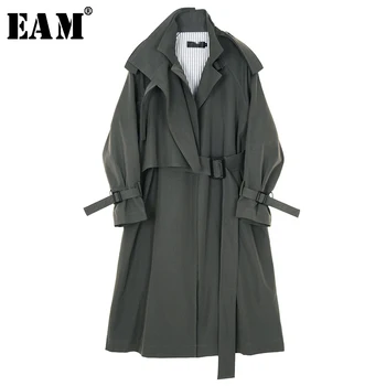 

[EAM] Women Gray Brief Bandage Long Big Size Trench New Lapel Long Sleeve Loose Fit Windbreaker Fashion Tide Spring 2020 JX450