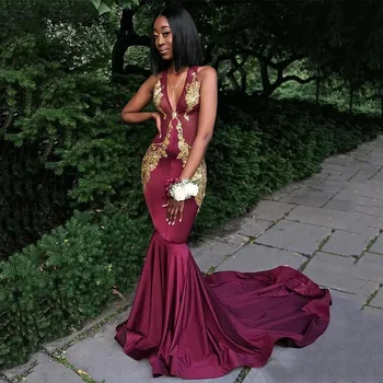 

Sexy Deep V Neck Black Girls Burgundy Prom Dresses Long Gold Lace Appliques African Mermaid Evening Gowns Formal Party Dress