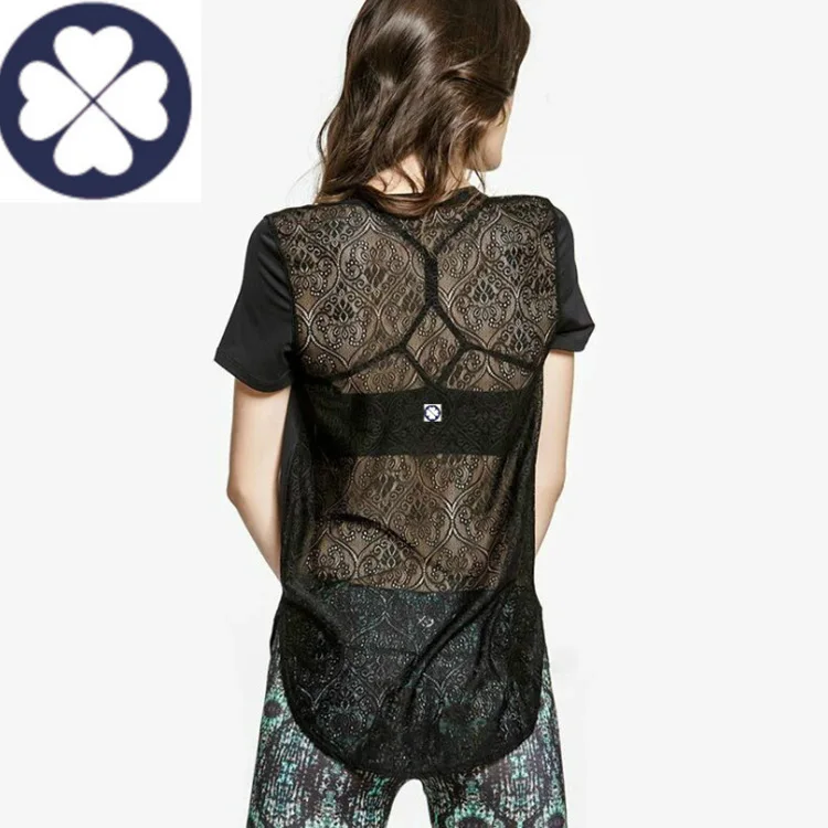 

Faxuan Dress lady Sports Short Sleeve T-Shirt Women Lace Splicing Stretch Running Fitness Back Perspective Jacket