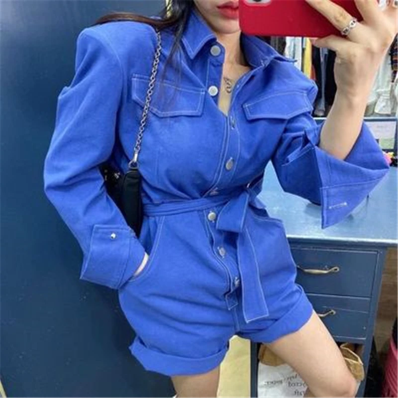 

Safari Style White OR Blue Rompers Women Spring Autumn Casual Pockets Turn-down Collar Belt Single Brested Playsuit Female
