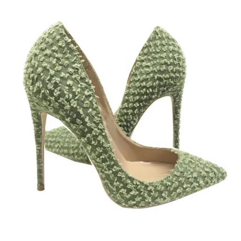 

Spring /Autumn New 10cm Light Green Flower Tip High-heeled Shoes Women Pointed Toes Heels Shallow-mouthed Party Shoes 12cm Pumps