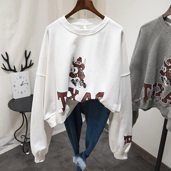 

2020 New Style Hoodie Female Spring Round Neck Pullover Shirts Cartoon Print Students Loose Sweatshirt Plus Size Tops