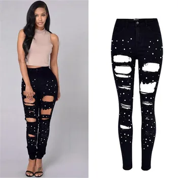 

High waist slim stretch irregular jeans studded pearl black pencil small feet jeans washed hole large size tight female pants