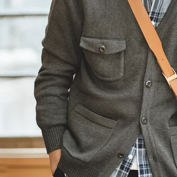 

Japanese-style Casual V-neck Cardigan Sweater Kaji Multi-pockets Sweater Workwear Coat Men J975