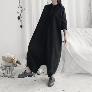 

Loose Fit Women Black Long Wide Leg Jumpsuit New High Waist Pocket Stitch Pants Fashion Tide Spring Utumn 2020 19-a632