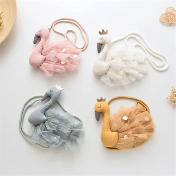 

2020 Fashion Trend Child Kids' New Sweet Cute Swan Shape Lace Crossbody Handbags Cotton Zipper Lace Messenger Shoulder Bags Tote