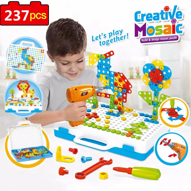 Juego de construcción de bloques de construcción de taladro eléctrico para niños, juego de herramientas de ensamblaje, rompecabezas de mosaico creativo 3D, juguete educativo, regalo de Navidad