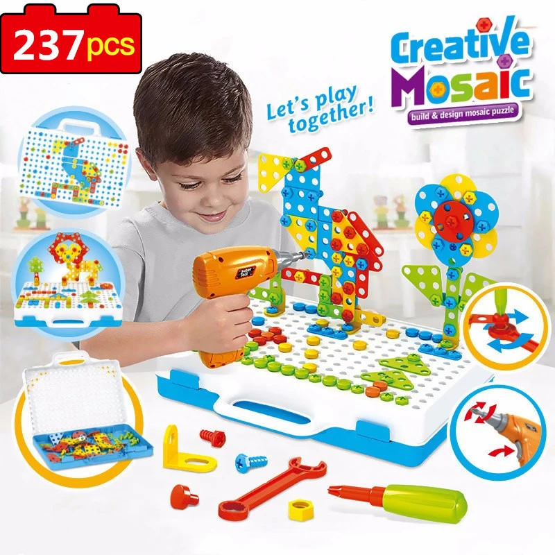 237Pcs Mosaic Electric Drill Puzzle Toy Set Kids Building Model Blocks Assembly