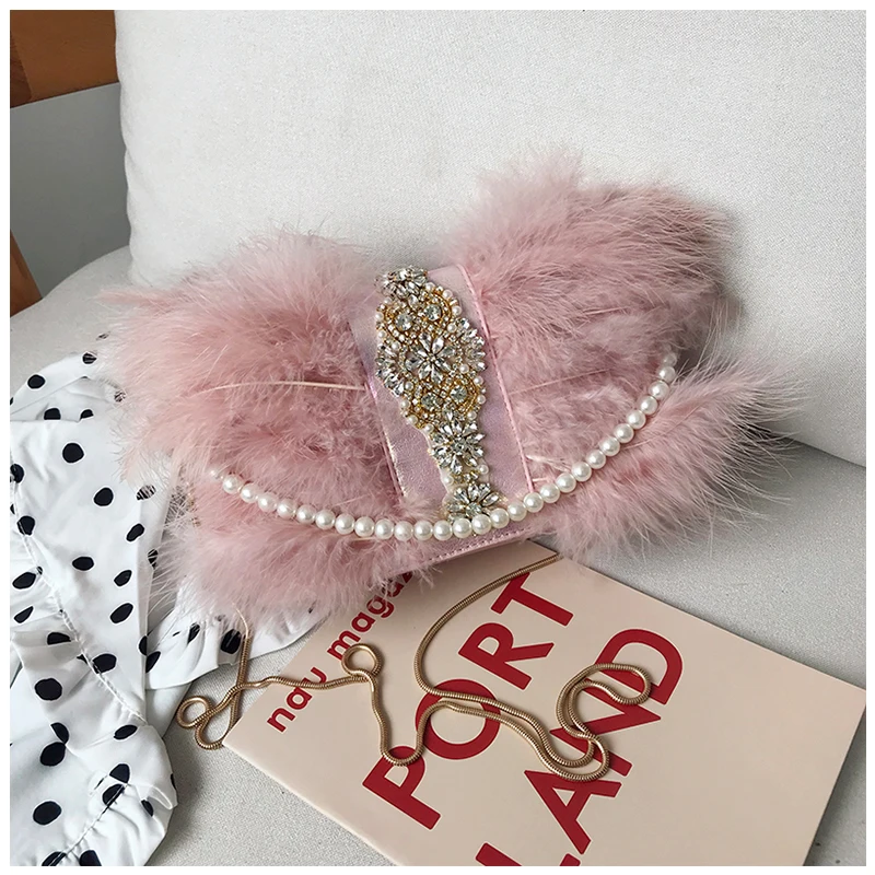Роскошные бриллианты сумки женские вечерние сумки с цепочкой настоящая кожа индейки перья сумка на плечо Подростковая Сумочка-клатч для девочек вечерние сумки