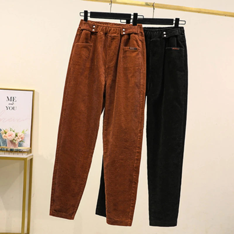 

Autumn plus size high waist corduroy full length pants female elastic waist loose casual Harlan pants woman black khaki 5XL lady