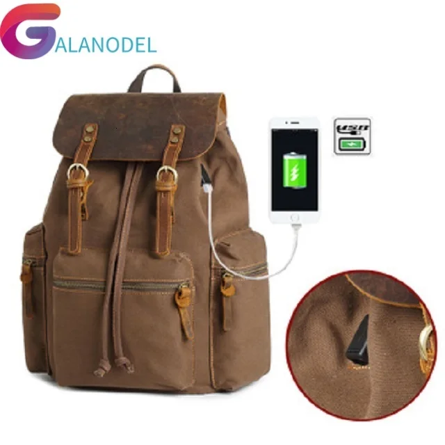 

Vintage Fashion M193 Leather Military Canvas Backpack External USB School Bag Drawstring Backpack Women Bagpack Male Rucksack