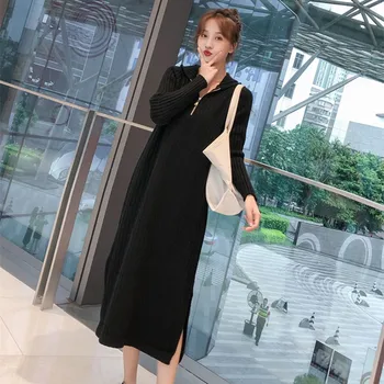 

819# Side Splits Fornt Zipper Black Knitted Maternity Long Sweaters Autumn Winter Fashion Dress for Pregnant Women Pregnancy