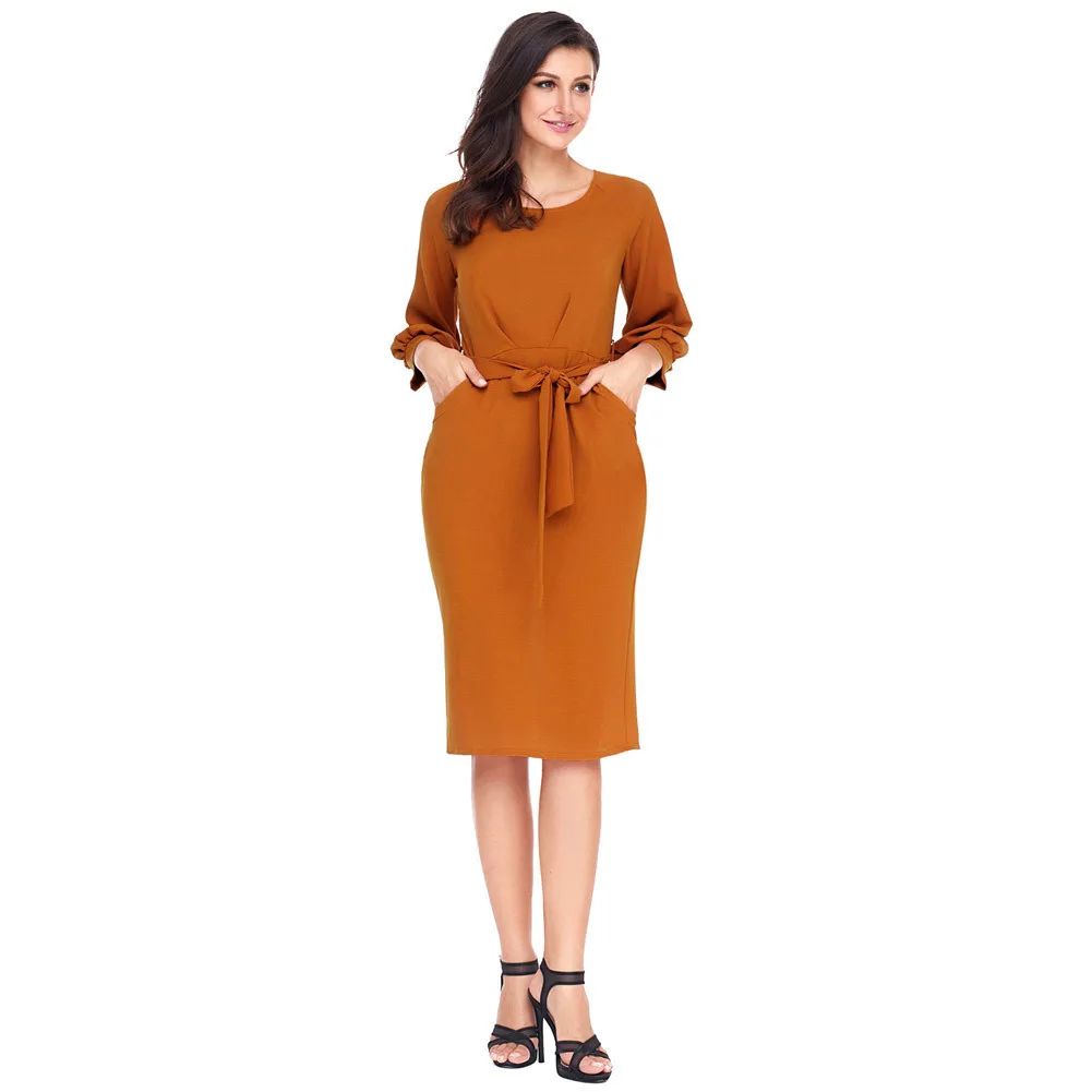 

Shi ying New Style WOMEN'S Dress Crew Neck Three-quarter-length Sleeve Waist Bandage Cloth after Slit Hemline Sheath Dress 61691