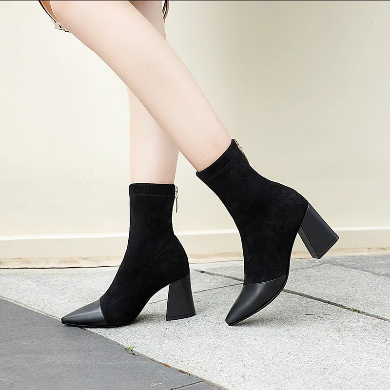 

Autumn Chunky-Heel Fabric Leather Stitching Pointed Short Boots Children after Zipper Europe And America Martin Boots High Heel