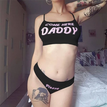 

Summer Two Piece Set Woman Sexy Sleeveless Letter Print COME HERE DADDY Tank Tops and Panties Harajuku Kawaii Women‘s Underwear