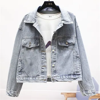 

2020 Spring Vintage Washed Blue Denim Jacket Coat Women Loose Single Breasted Long sleeve Jeans Jacket Female Basic Outerwear