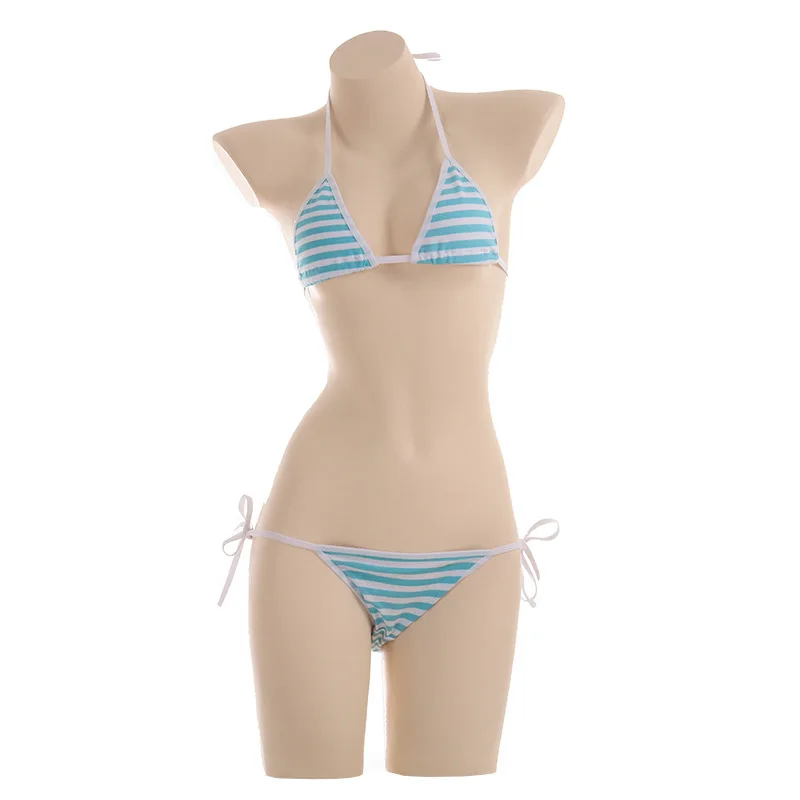 Anime Miku Kawaii Mini Bikini Cosplay Blue White Striped Micro Bikini Swimming Suit for Women Tie Side Swimsuit Set - Цвет: Y-81