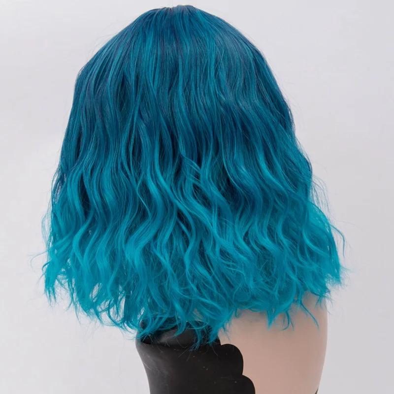 Короткий парик синтетический парик для косплея розовый сетчатый блонд градиентные волны челка натуральный фиолетовый парик для женщин 11 цветов - Цвет: Blue gradient