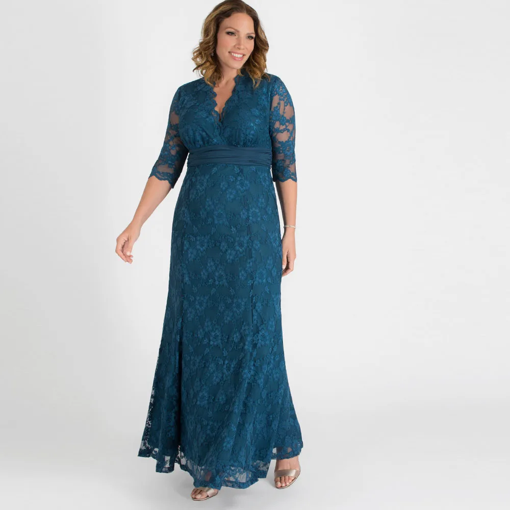 

Latest Arrival Tea Blue Lace Mermaid Mother of the Bride Dresses V Neckline Wedding Party Gowns with 3/4 Sleeves Floor Length