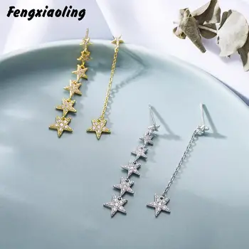

Fengxiaoling Really Authentic 925 Sterling Silver Zircon Star Long Tassel Drop Earrings For Women Pentagram Vintage Earrings