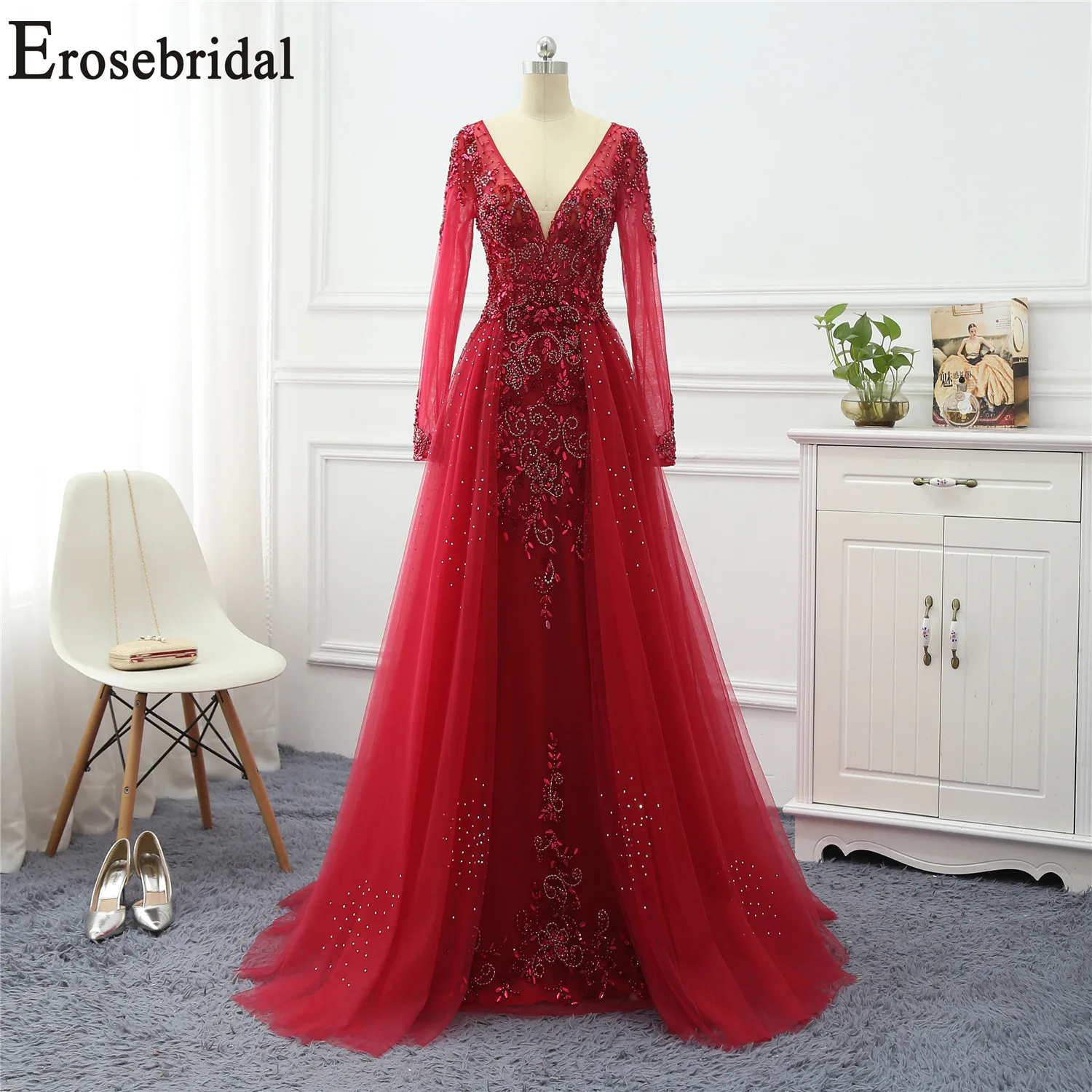 Erosebridal красное вечернее платье с длинным рукавом V образным вырезом Длинные вечерние платья вечернее платье/платье со шлейфом 5 цветов