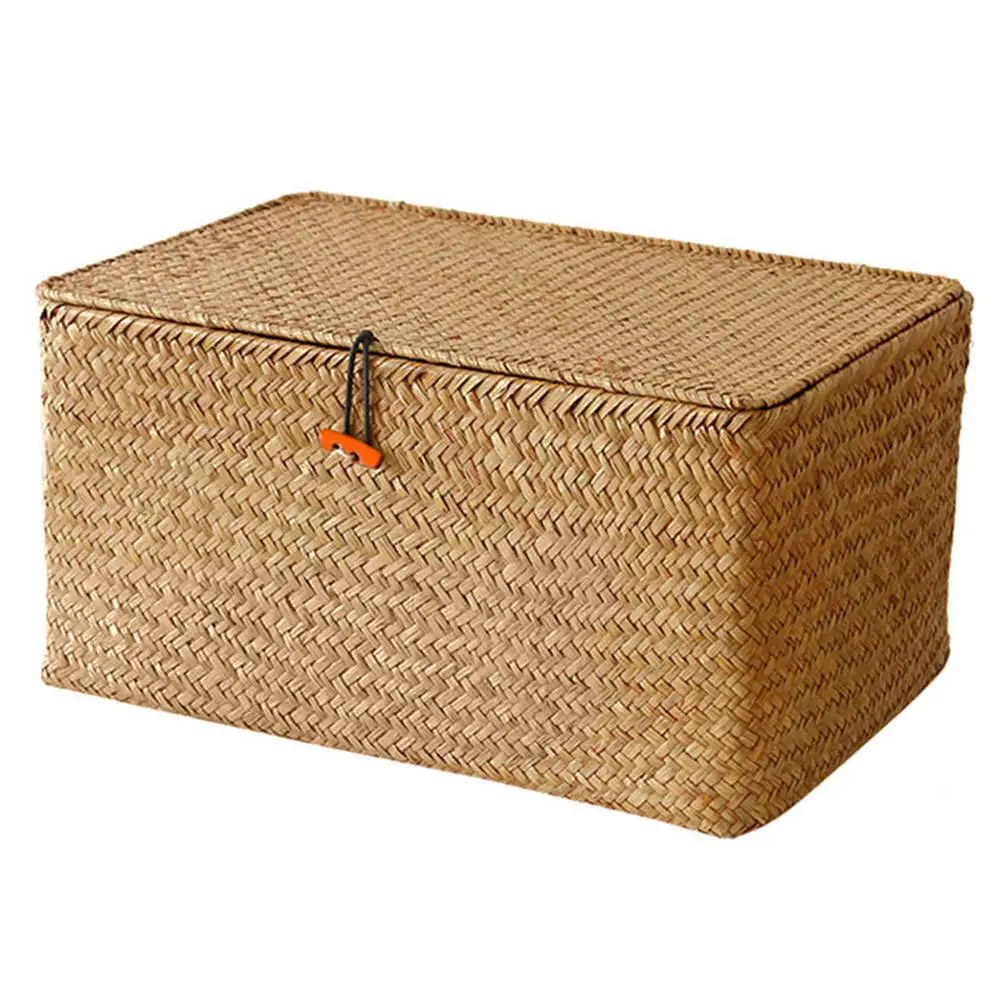 

WovenL Storage Basket with Lid Rattan Sundries Storage Box Wicker Basket Handmade Sorting Boxes Seagrass Jewelry Organizer