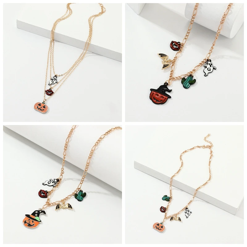 Necklace suit Readsilenter Хэллоуин ручной ювелирный браслет на Хэллоуин Подвески из сплава масляные тыквы губы мульти-кулон ручной ювелирный фестиваль - Окраска металла: Necklace suit