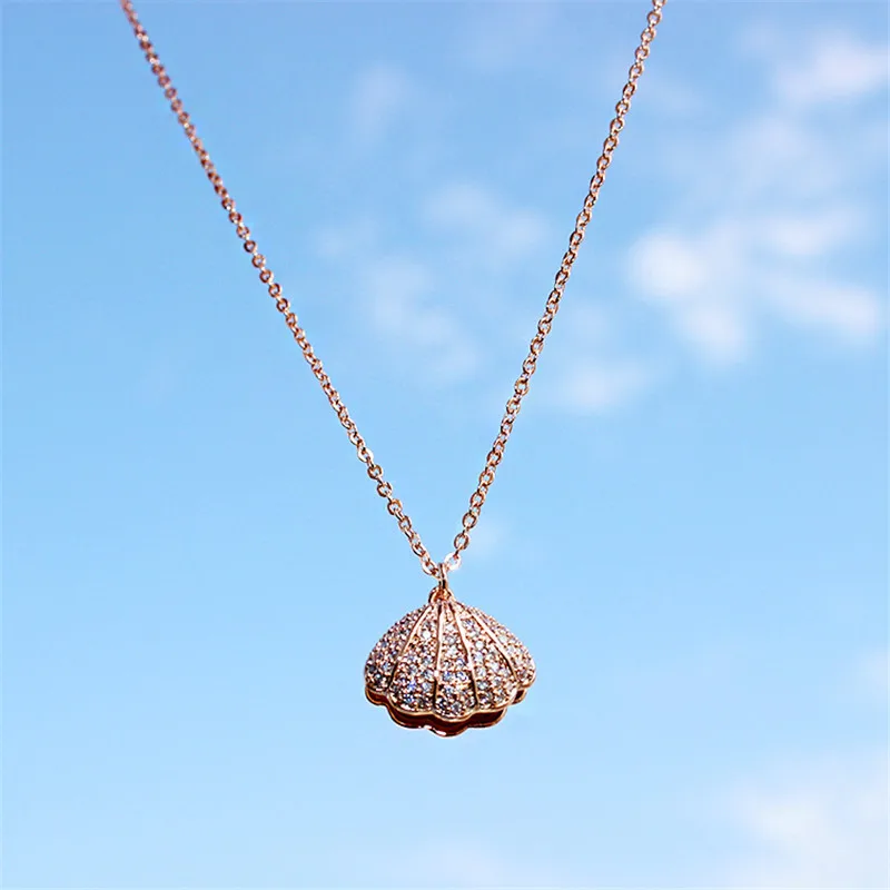 

Luxury Female Shell Pendants Necklace Cute Silver Rose Gold Chain Necklace Crystal Romantic Small Pearl Wedding Necklace