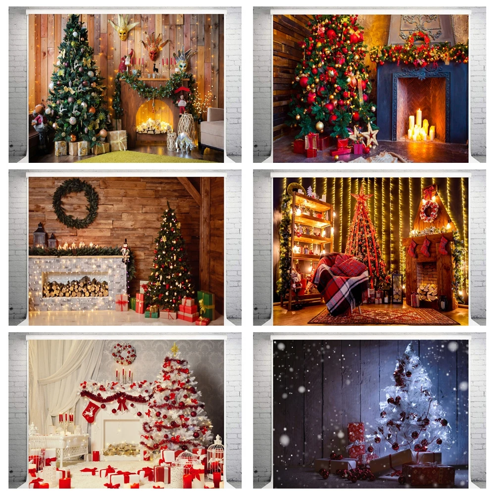 

Christmas Party Photocall Backdrop Vinyl Wall Fireplace Tree Candle Snowflake Party Photo Background Decoration For Photo Studio