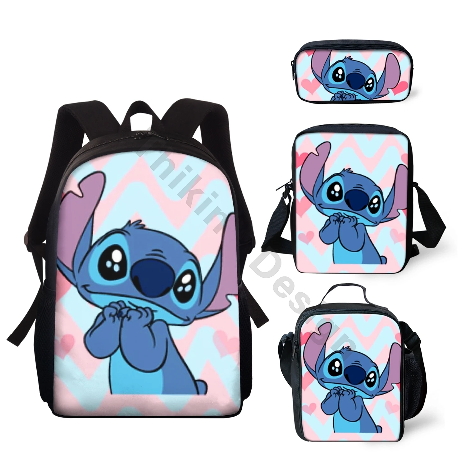

THIKIN Lovely Stitch Pattern Schoolbag Student Back to School Backpack Boys GIrls Cartoon Book Bags Set/4Pcs Name Custom Mochila