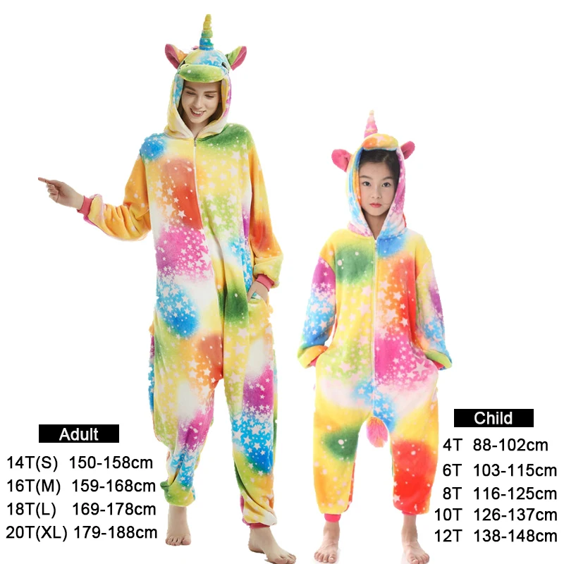 Winter Adult Kigurumi Pajamas Unicorn For Children Baby Girls Pyjamas Boys Sleepwear Animal Licorne Onesie Kids Costume Jumpsuit - Color: Colorful unicorn