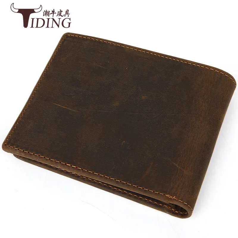

Tiding New Style Retro Horse Leather Handmade Short Strap Bag Wallet Genuine Leather Two-fold Card Bit More Wallet 4043