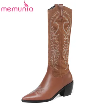 

MEMUNIA 2020 new arrival knee high boots women pointed toe slip on cowboy european western boots square high heels shoes woman