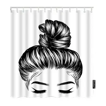 

Girl Bath Shower Curtain Set Sketch of Woman Fashion Bun Perfect Eyebrow Eyelash Shower Curtains Home Decorative Extra Long