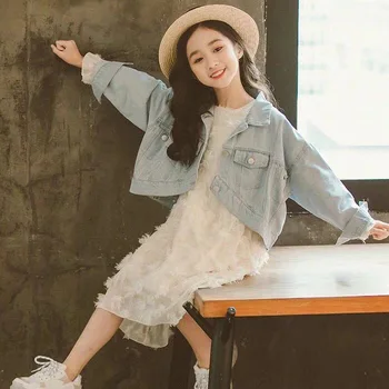 

Girls Suit 2020 New Spring and Autumn Korean Children's Denim Jacket 3-13 years old Kids Dress and Denim Coat Two-piece Sets