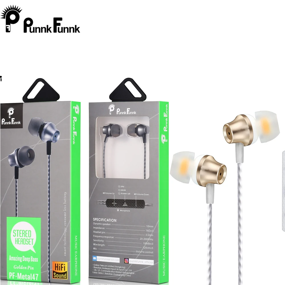 PunnkFunnk 1,2 M металлические проводные наушники, Экстра бас, стерео наушники в ухо, гарнитура с микрофоном, регулятор громкости для iPhone, samsung, huawei, LG - Цвет: Metal