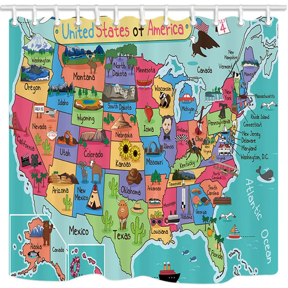 

Kids Map of The United States Bath Curtain, Cartoon Fun Facts Geography USA Map, Polyester Fabric Waterproof Shower Curtain for