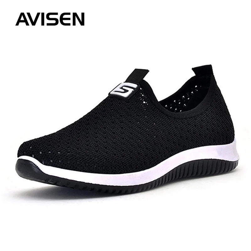 

2019 Summer Autumn Women Sneakers Woman Breathable Air Mesh Knitting Ladies Flats Shoes Slip On Soft Walking Shoes Female