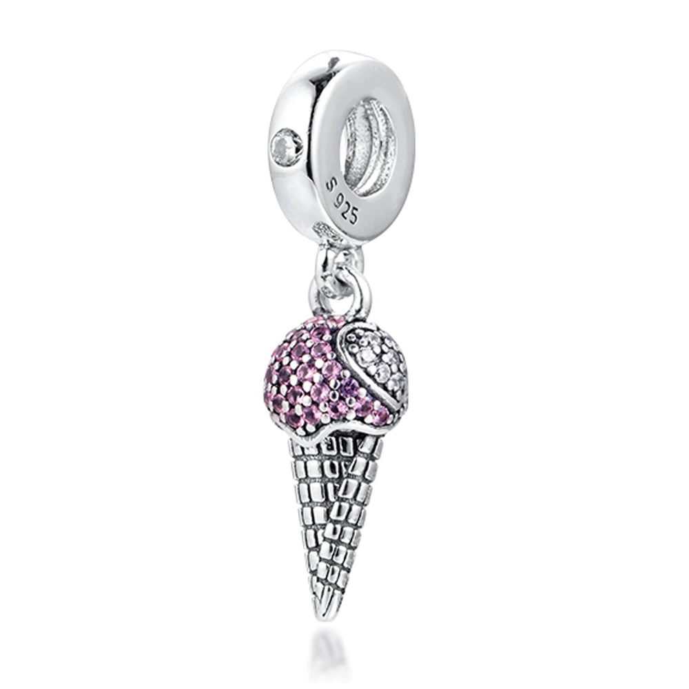 QANDOCCI 2020 New 925 Sterling Silver Spring Pave Ice Cream Cone Dangle Charm Beads Fits Pandora Bracelets Women Jewelry Making | Украшения