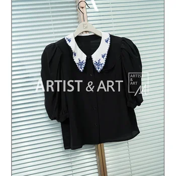 

Svoryxiu Designer High-End Summer Vintage Black Blouse Shirt Women's Puff Sleeve Embroidery Silk Blouse Tops