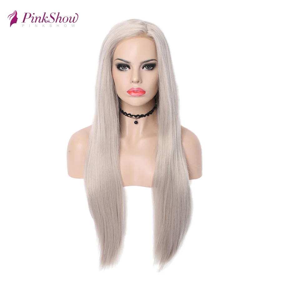 

Pinkshow Straight Long Wig Grey Synthetic Lace Front Wigs For Women Heat Resistant Fiber Gray Lace Front Hair Cosplay Wig